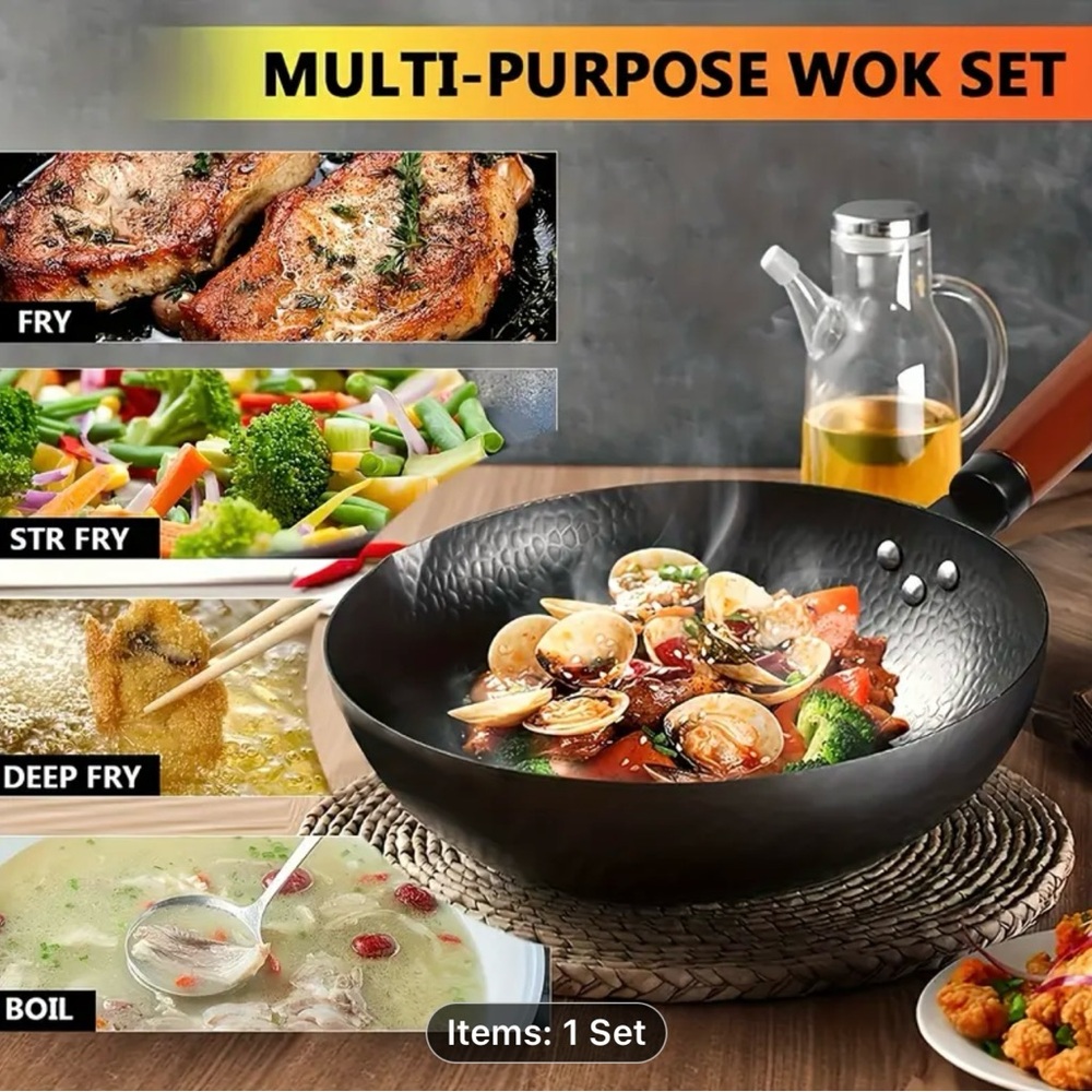 Black Hammered Wok Set with Wooden Handle - Picture 5 of 8
